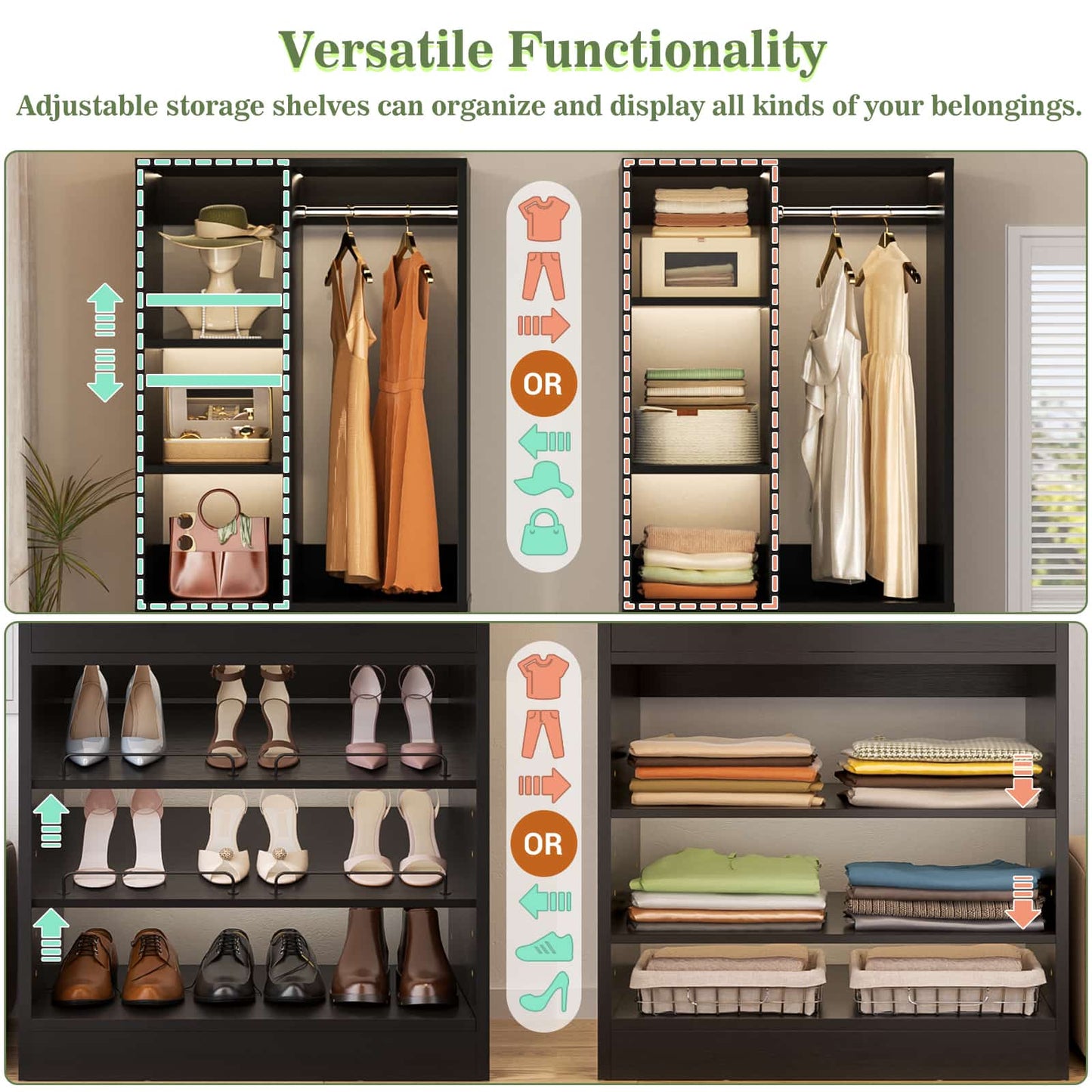 112 Inch (9.2 FT) Freestanding Wardrobe Closet Organizer with 8 Drawers & Shelves, Heavy Duty 2400+ lbs Capacity