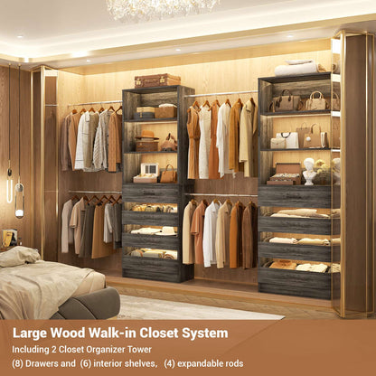 Adjustable Closet Organizer System (6-15Ft) with 8 Wooden Drawers & Modular Tower