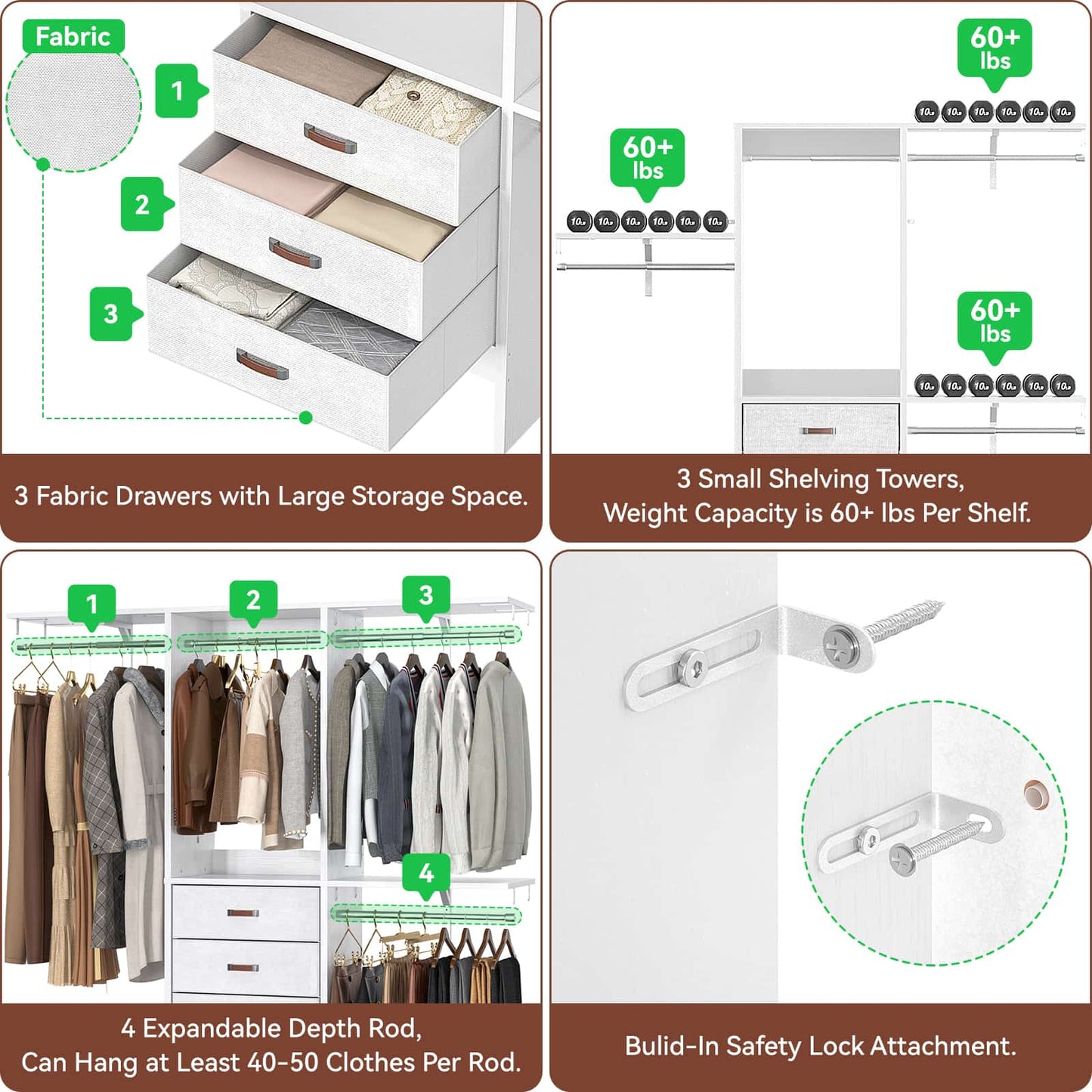 59'' W Small Closet System with 3 Fabric Drawers