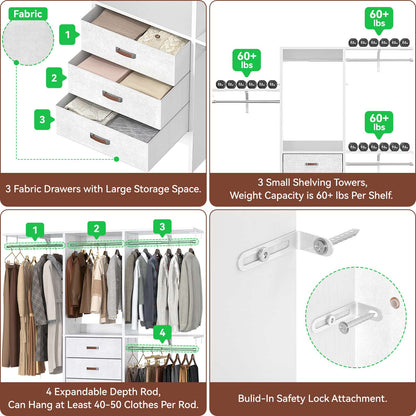 59'' W Small Closet System with 3 Fabric Drawers