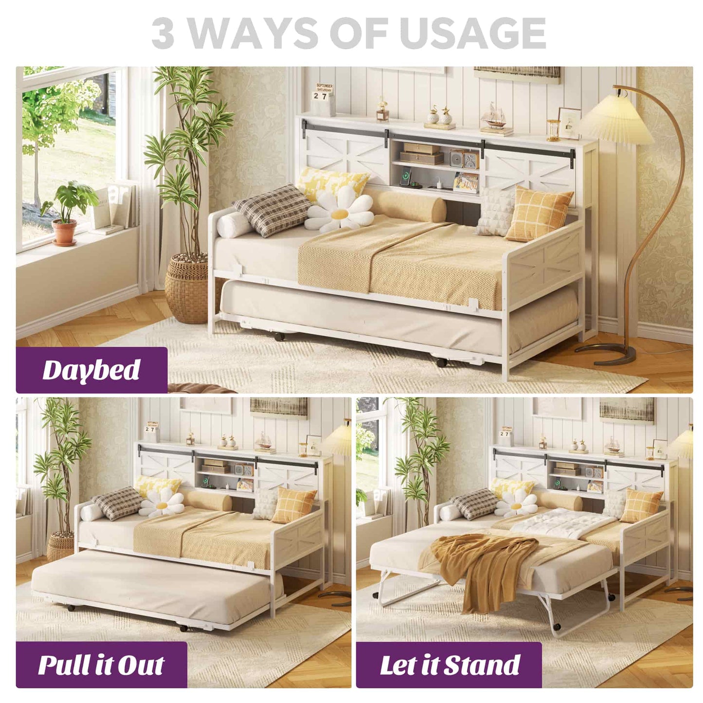 Twin Size Daybed with Trundle, Daybed with Charging Station & Storage Headboard, Heavy Duty Metal Sofa Bed Frame with Pop-up Trundle