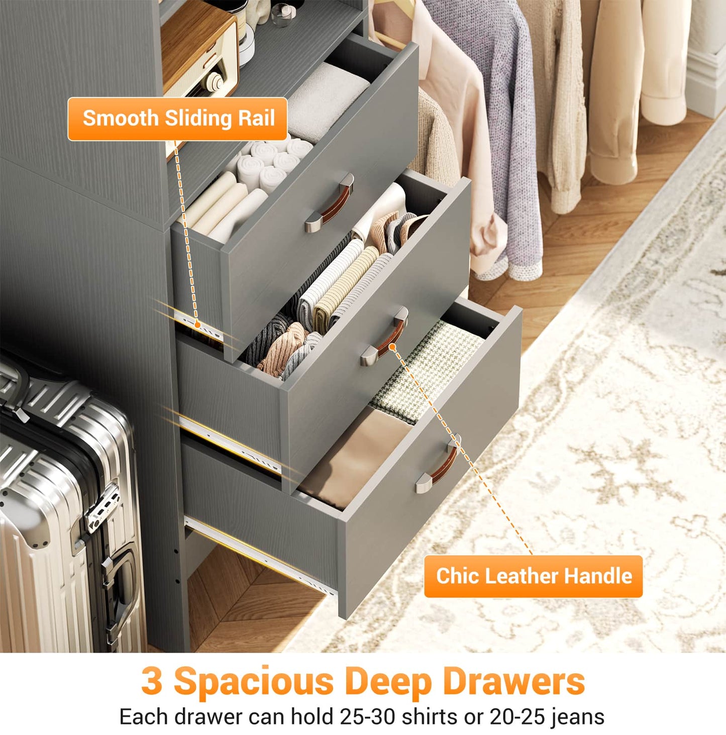 Adjustable 5-8FT Wall-Mounted Closet Organizer System with 3 Hanging Rods & 3 Wood Drawers