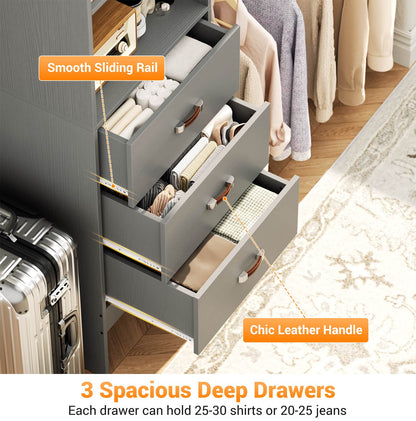 Adjustable 5-8FT Wall-Mounted Closet Organizer System with 3 Hanging Rods & 3 Wood Drawers