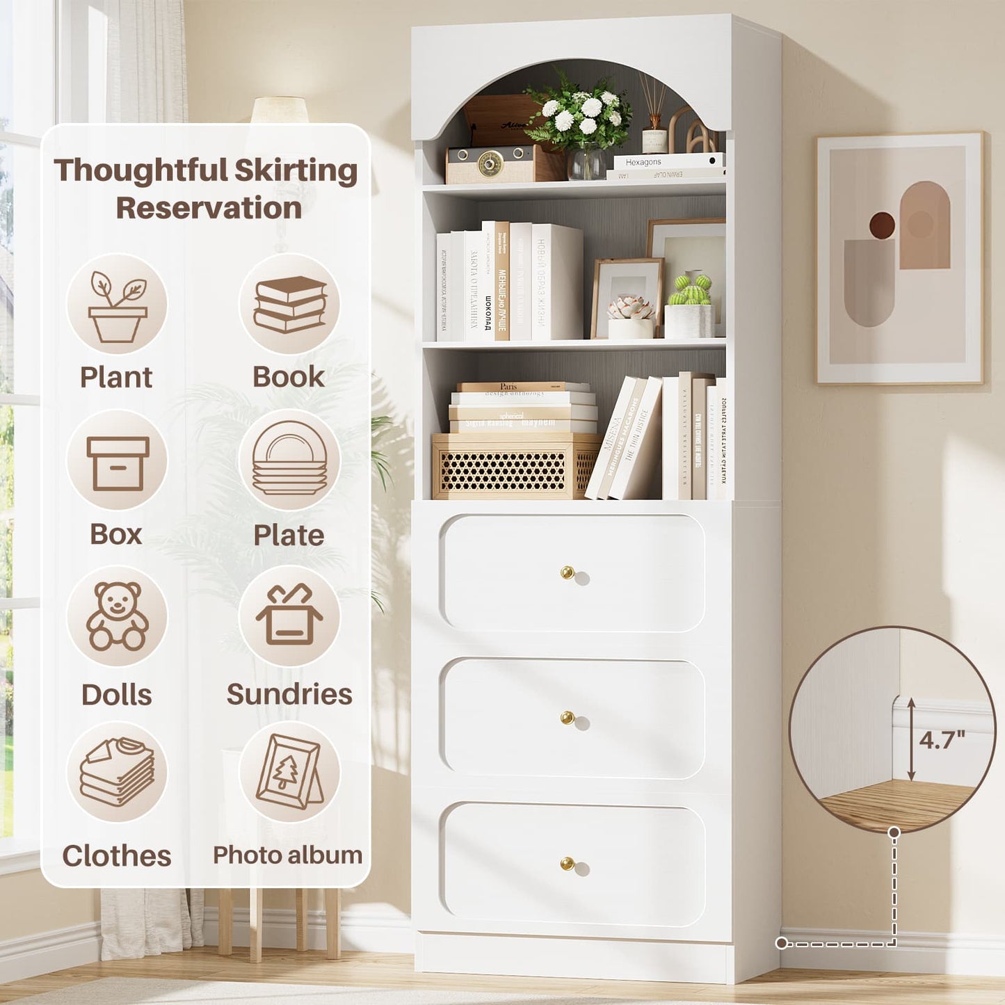 80" Tall Arched Bookcase with 3 Drawers & 3 Open Shelves - Wooden Storage Cabinet for Living Room, Kitchen