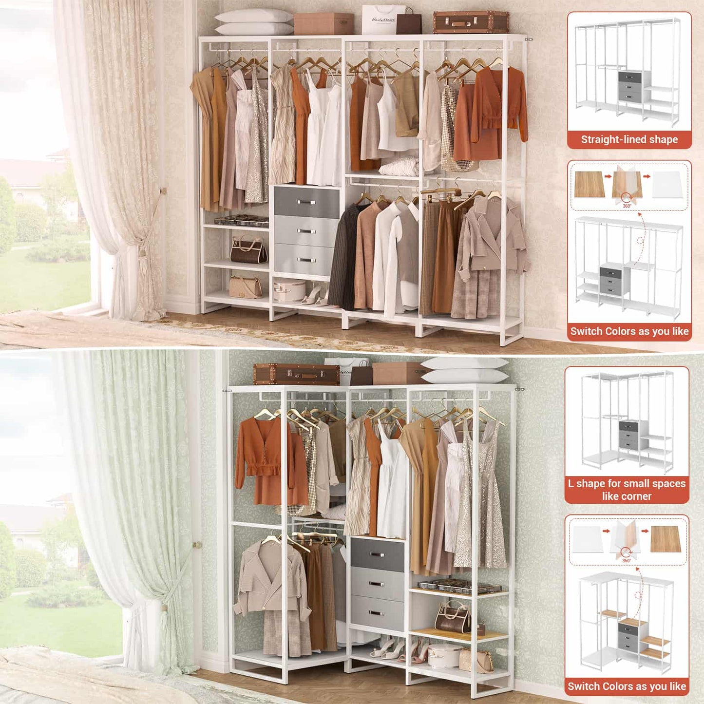 Closet System Organizer Walk-in Closet for Bedroom with 3 Wood Drawers