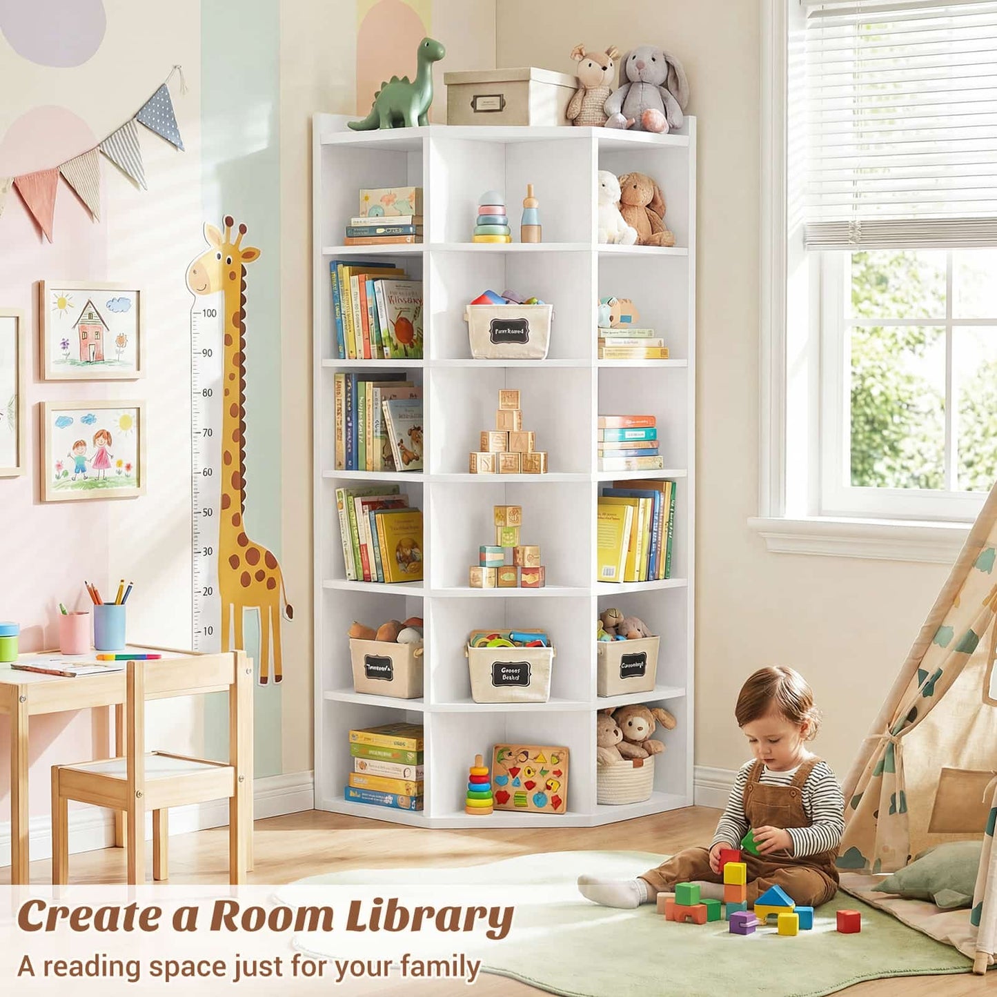 7-Tier Corner Cube Book Shelf - Wooden L-Shaped Storage Cabinet with Top Table for Small Spaces, Home Office, Bedroom, Living Room