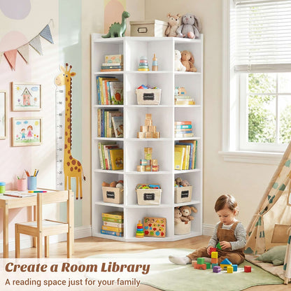 7-Tier Corner Cube Book Shelf - Wooden L-Shaped Storage Cabinet with Top Table for Small Spaces, Home Office, Bedroom, Living Room