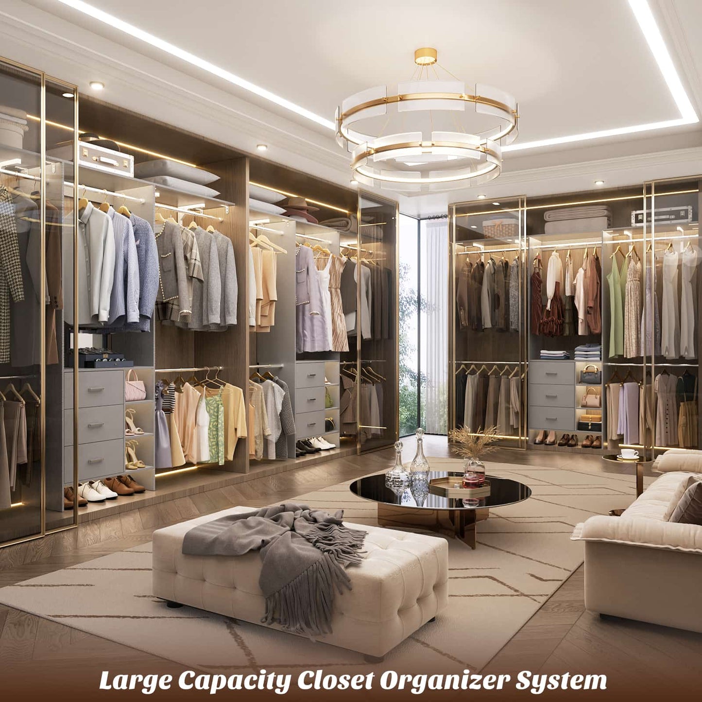 8FT Walk-in Armoire Closet Organizer with 3 Wooden Drawers & Hanging Rods, Adjustable Garment Rack for 5.3-9 ft Spaces,Wardrobe Storage Shelf