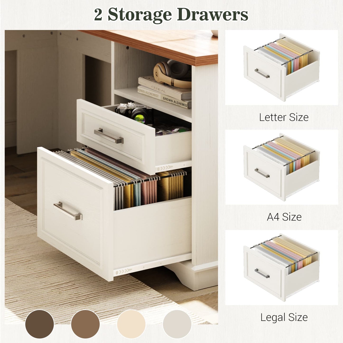 L Shaped Executive Desk with File Drawers, 60" Corner Computer Desk with Power Outlets