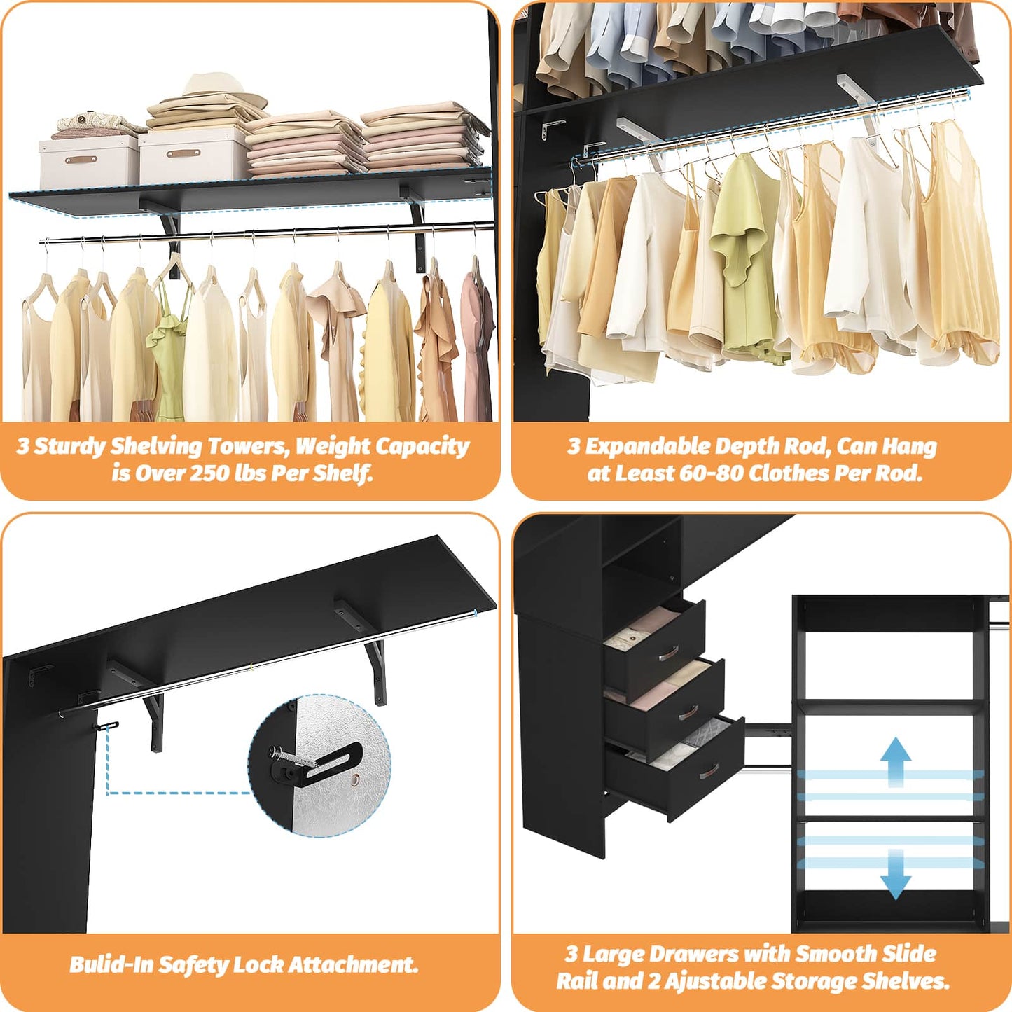 120'' W Closet System with Drawers, Closet Organizer with 3 Shelving Towers