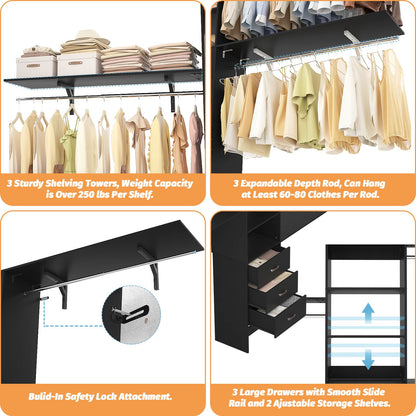 120'' W Closet System with Drawers, Closet Organizer with 3 Shelving Towers
