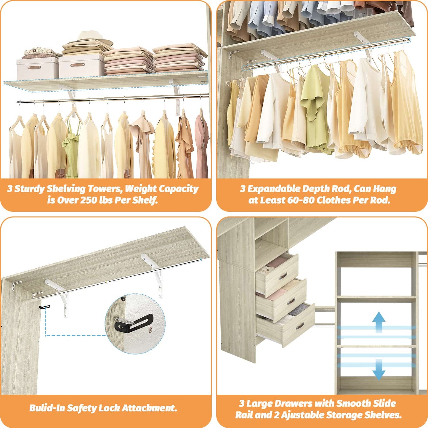 120'' W Closet System with Drawers, Closet Organizer with 3 Shelving Towers