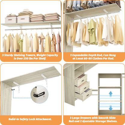 120'' W Closet System with Drawers, Closet Organizer with 3 Shelving Towers