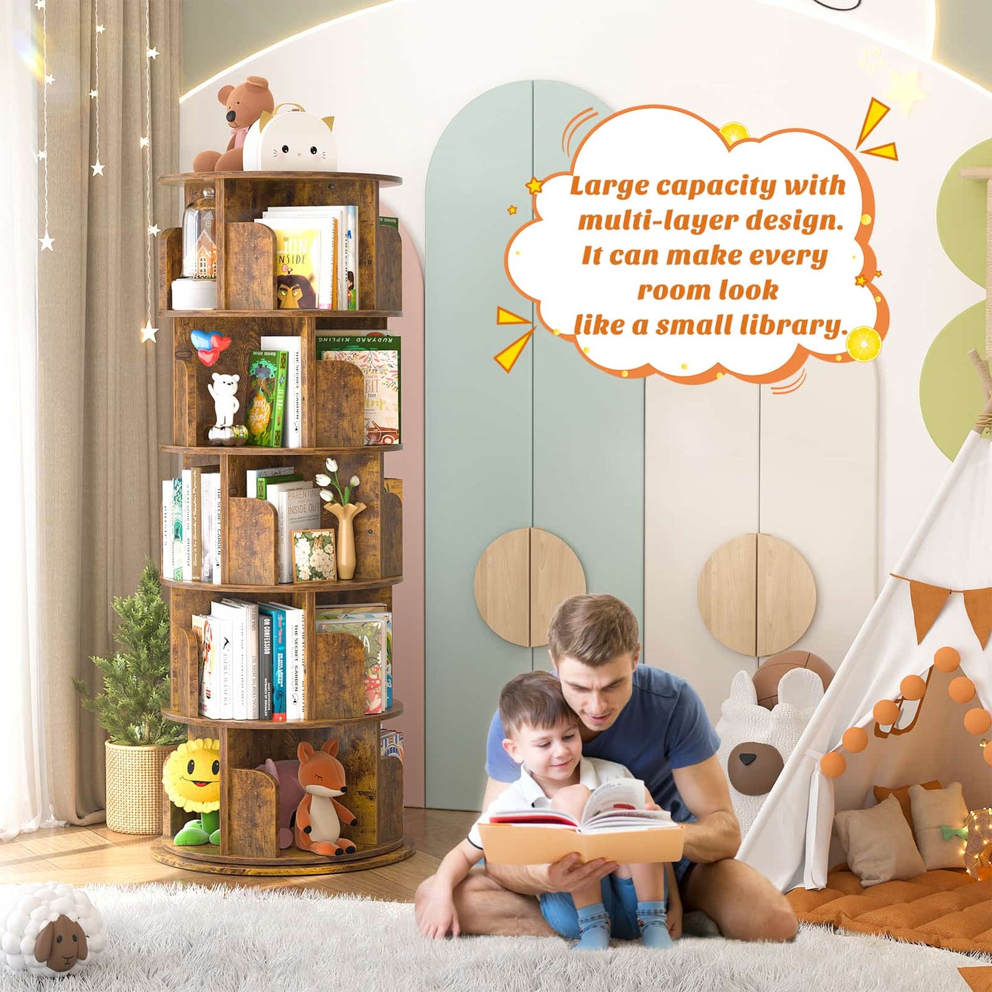 Rotating Bookshelf, 360 Display Wood Spinning Bookshelf Tower