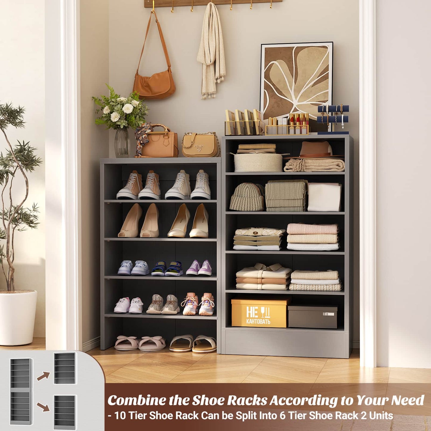 Tall Shoe Cabinet, 10 Tiers Narrow Wood Shoe Rack