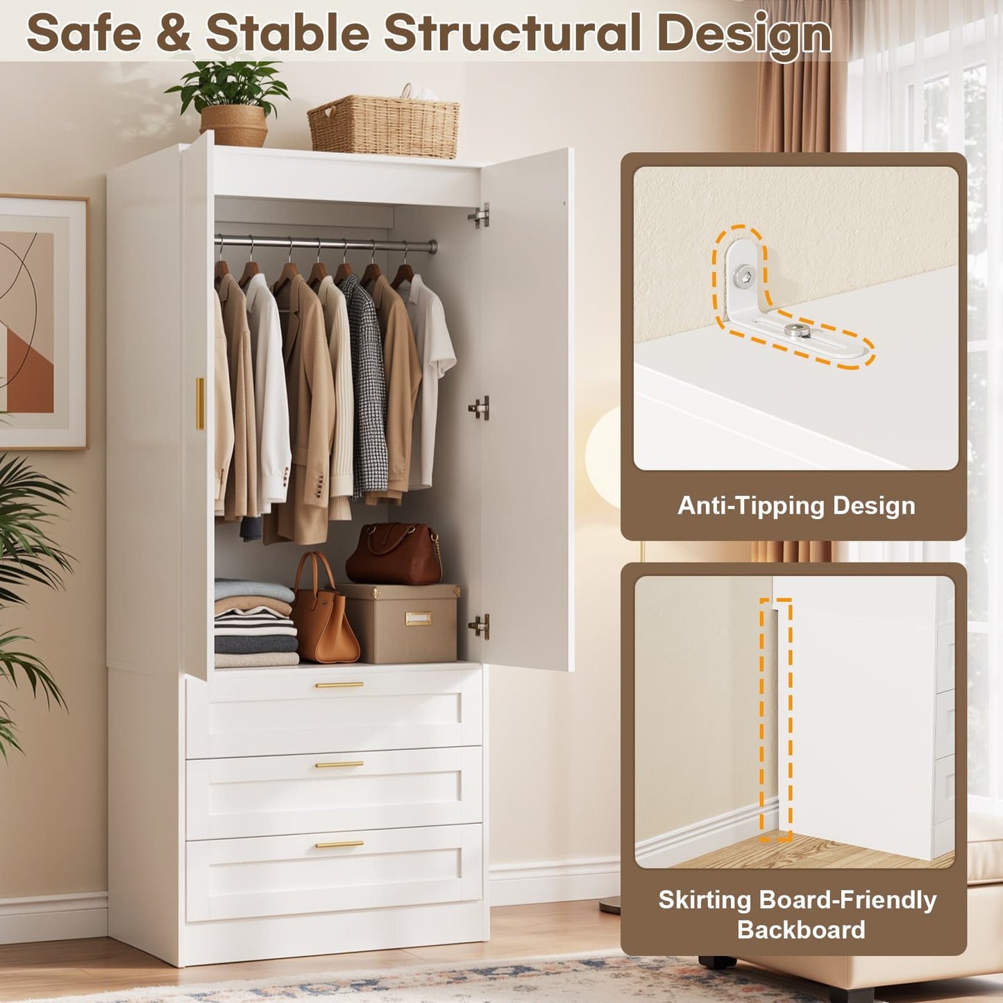 71" Tall Armoire Wardrobe Closet - 3 Drawers, Doors & Hanging Rod, Extra Deep 20" Bedroom Storage with Soft-Close Hinges
