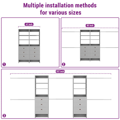 96" Closet System 2-Pack with 6 Hanging Rods & 6 Wooden Drawers - Adjustable Width (5-8FT Each)