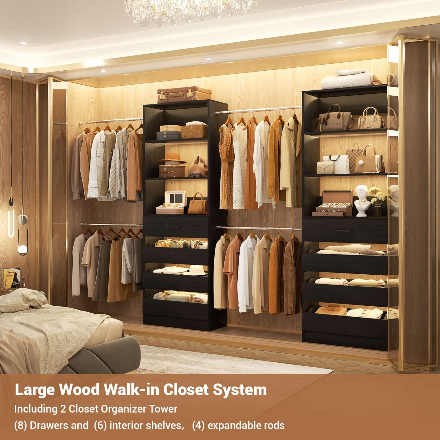 Adjustable Closet Organizer System (6-15Ft) with 8 Wooden Drawers & Modular Tower