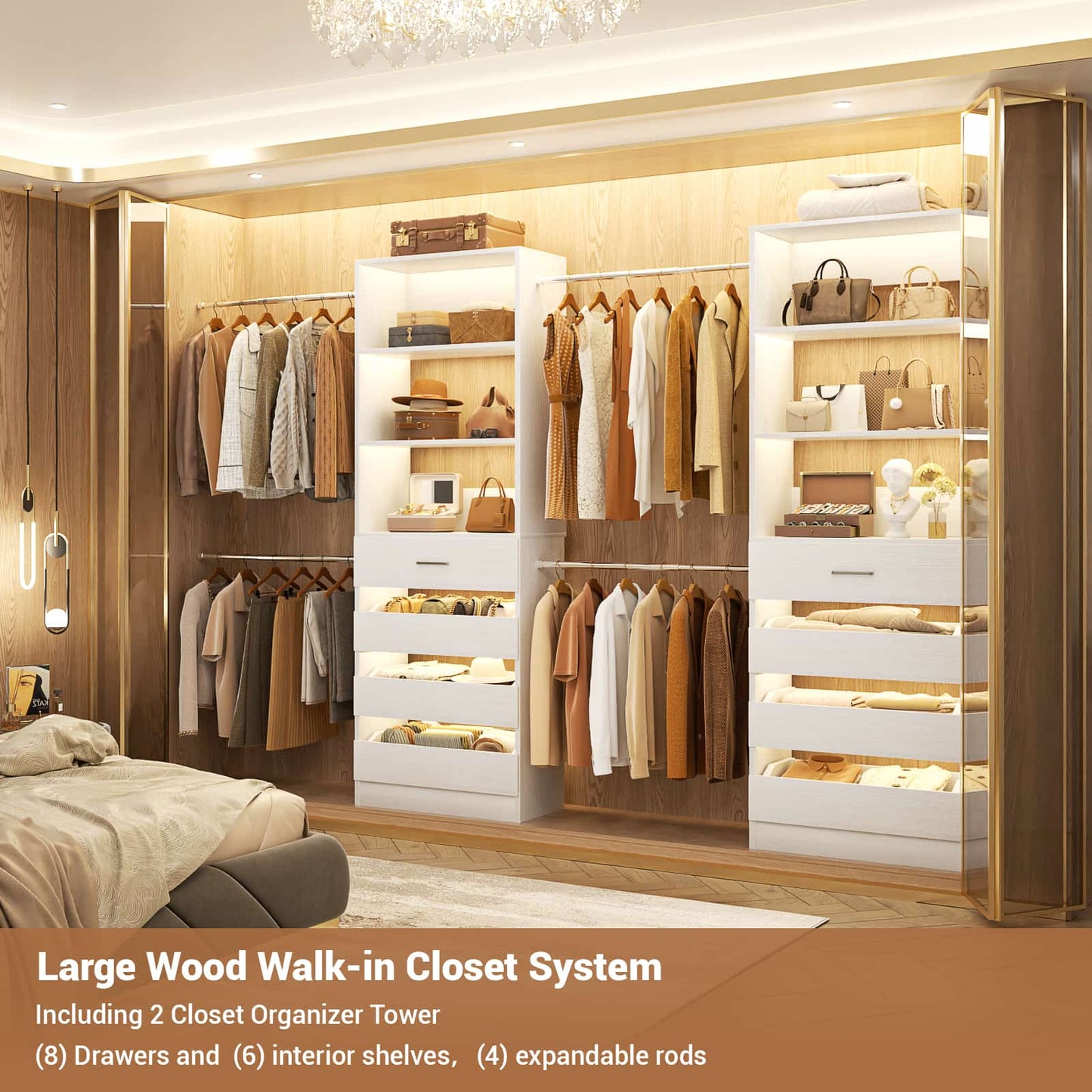 Adjustable Closet Organizer System (6-15Ft) with 8 Wooden Drawers & Modular Tower