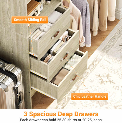 Adjustable 5-8FT Wall-Mounted Closet Organizer System with 3 Hanging Rods & 3 Wood Drawers