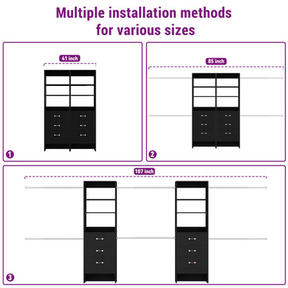 96" Closet System 2-Pack with 6 Hanging Rods & 6 Wooden Drawers - Adjustable Width (5-8FT Each)