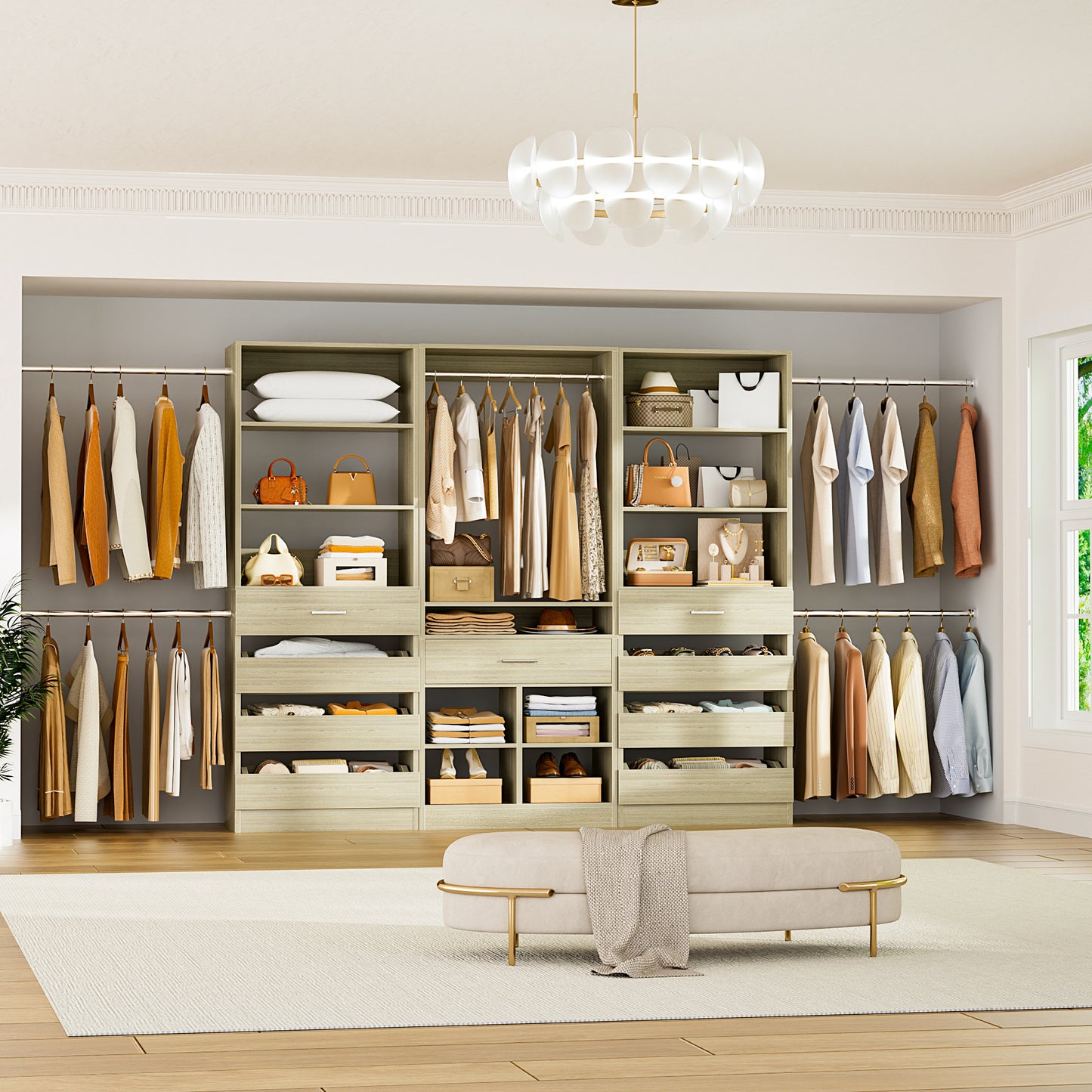 3 sets Wardrobe Closet - Two Adjustable Wooden Closet Systems with 8 Drawers & 8 Hanging Rods and One Freestanding Tower with 4 Cubby Storage
