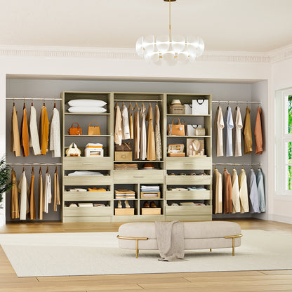 3 sets Wardrobe Closet - Two Adjustable Wooden Closet Systems with 8 Drawers & 8 Hanging Rods and One Freestanding Tower with 4 Cubby Storage