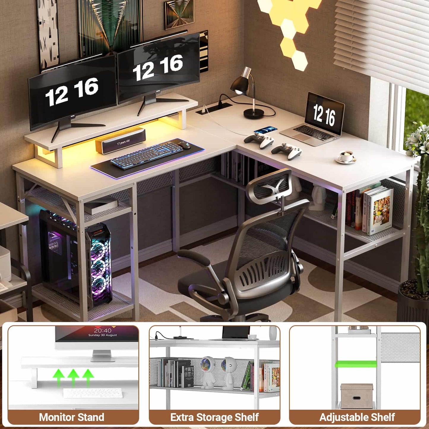 L Shaped Computer Desk with Magic Power Outlets and Smart LED Light
