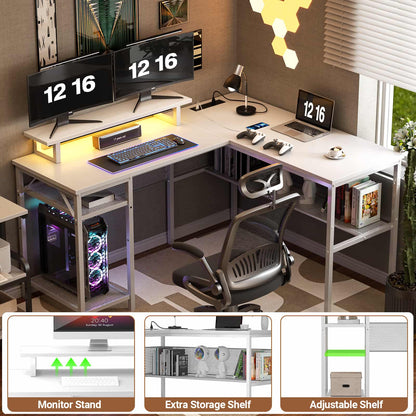 L Shaped Computer Desk with Magic Power Outlets and Smart LED Light