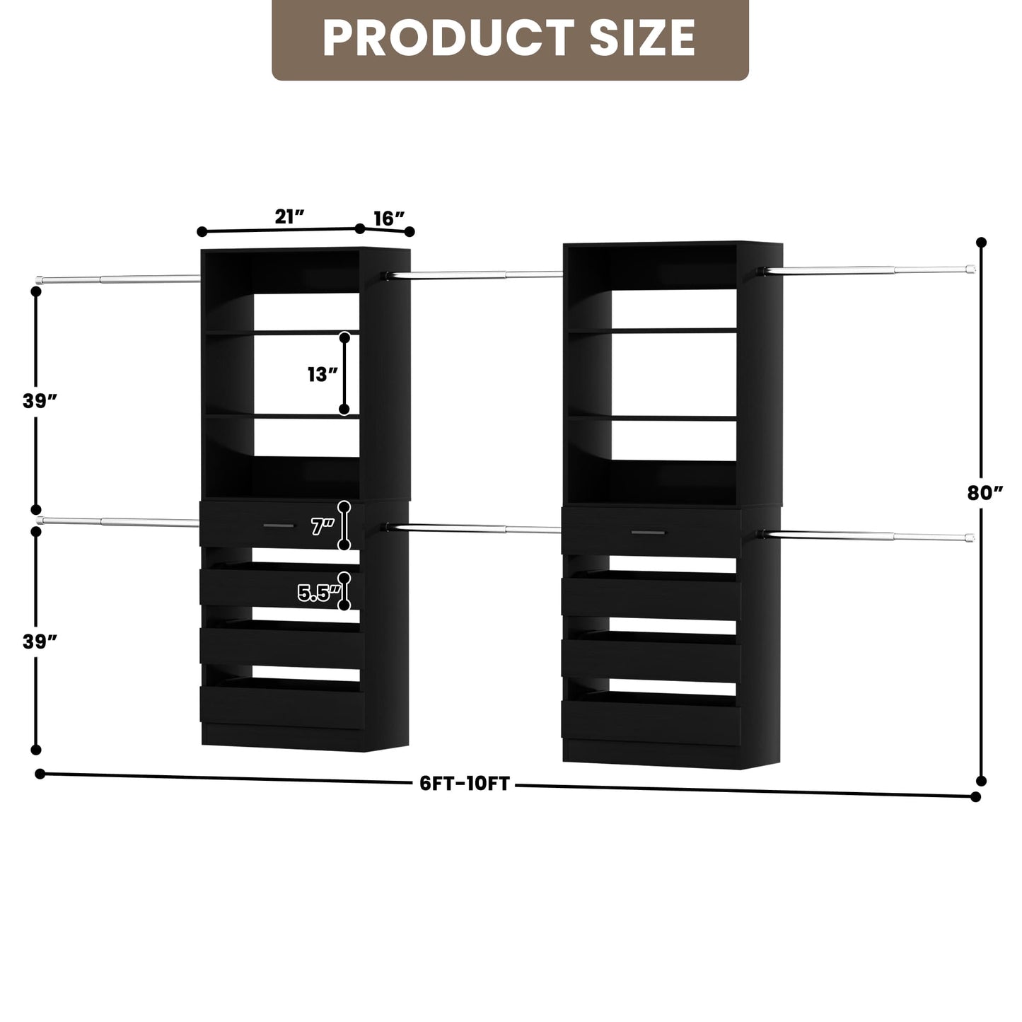 2-Pack Closet Organizer System: Dual 4-9Ft Adjustable Wardrobe Racks with 8 Wooden Drawers, Double Tower Storage, 8 Hanging Rods & Garment Racks ﻿