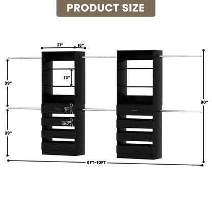 2-Pack Closet Organizer System: Dual 4-9Ft Adjustable Wardrobe Racks with 8 Wooden Drawers, Double Tower Storage, 8 Hanging Rods & Garment Racks ﻿