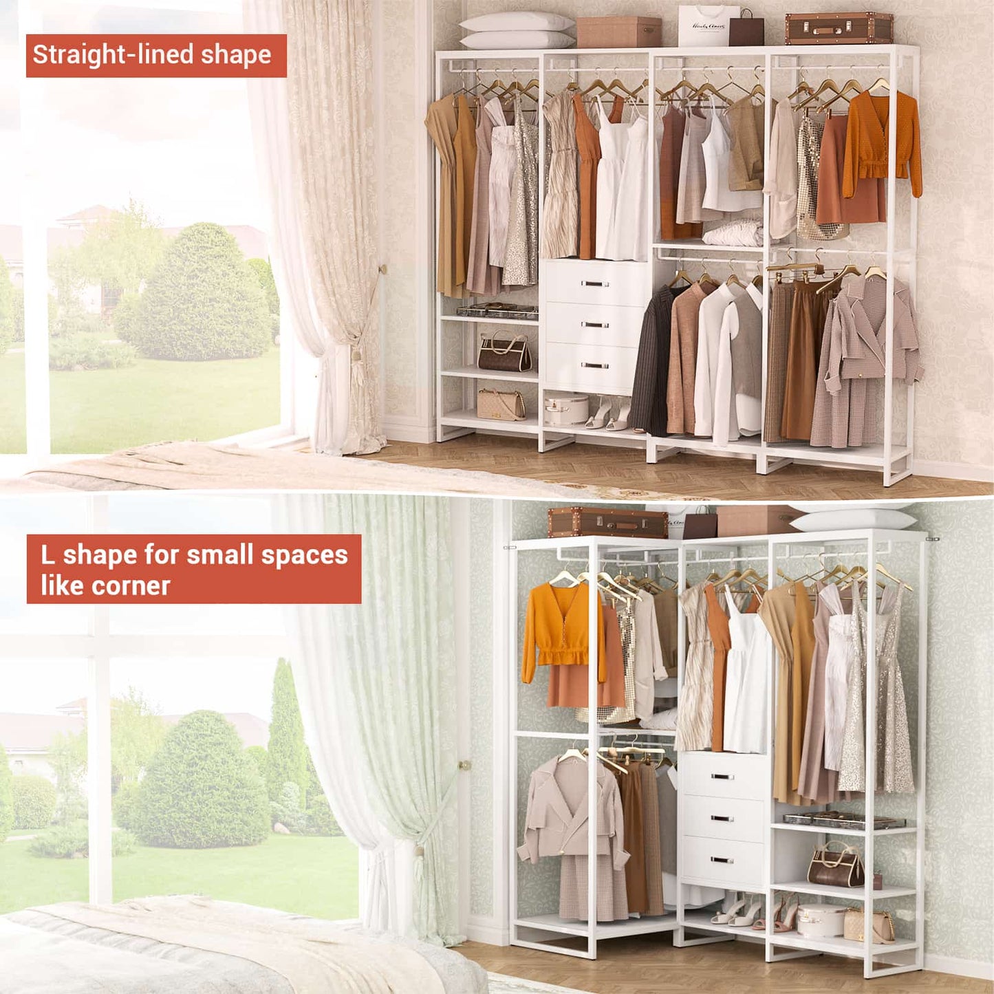 Closet System Organizer Walk-in Closet for Bedroom with 3 Wood Drawers