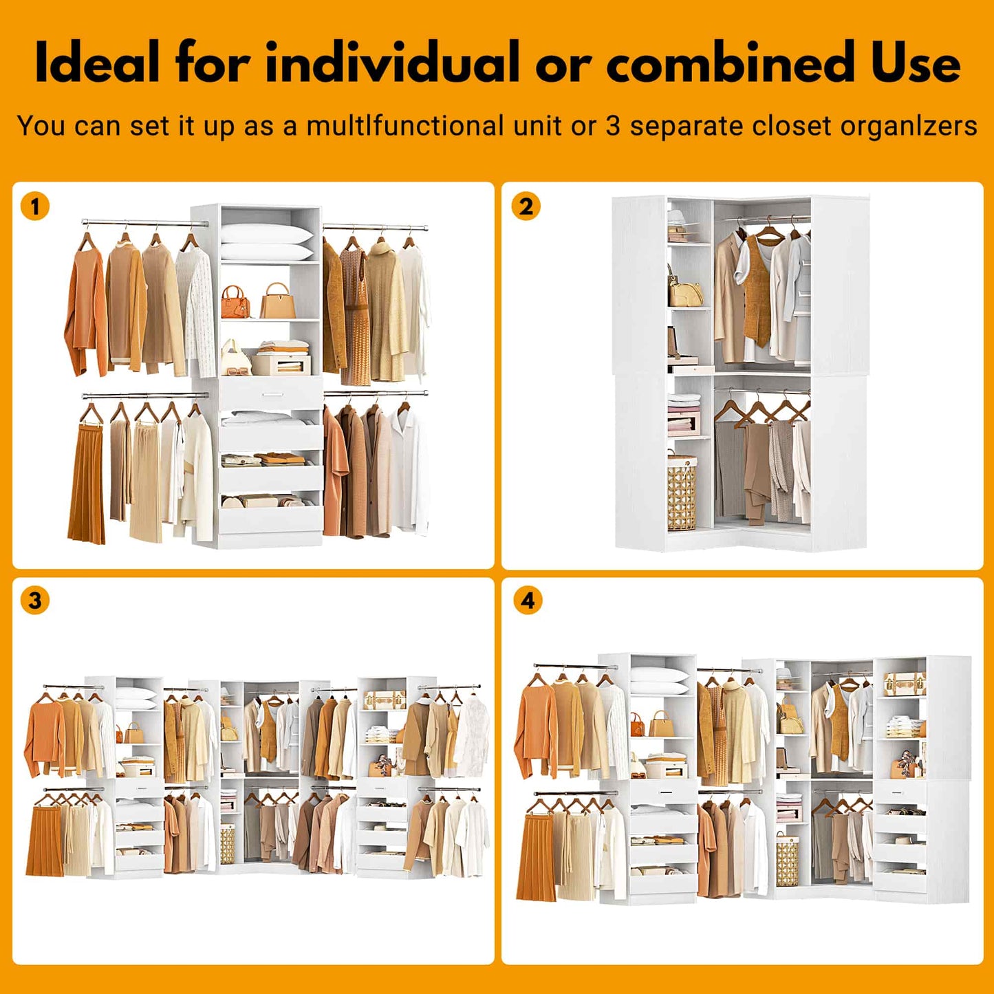 3-Piece Freestanding Wardrobe,79"-267" Adjustable Closet System with Drawers & Shelves for Bedroom/Closet Storage