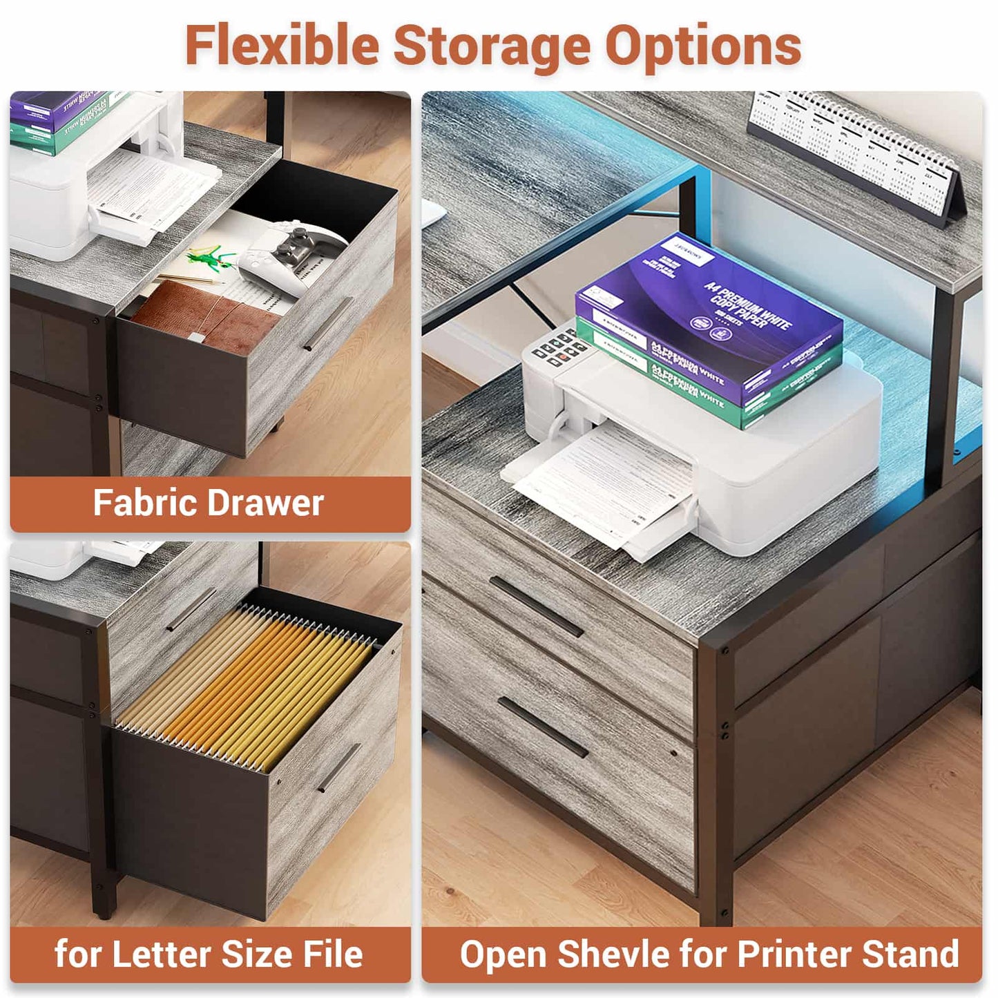 L Shaped Desk with File Drawer, 72.8" Reversible L Shaped Computer Desk with Power Outlet & LED Strip