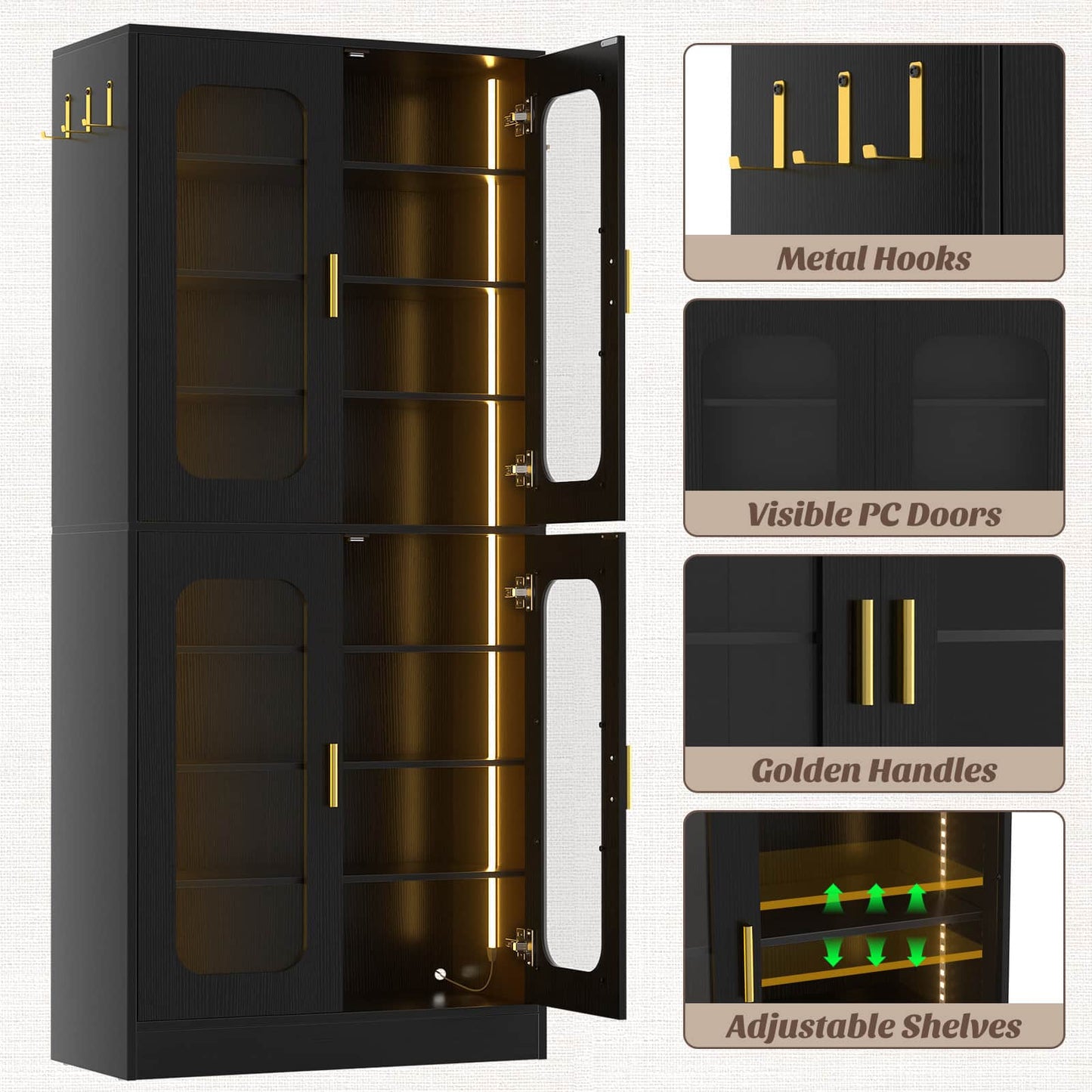 8-Tier LED Shoe Cabinet with Adjustable Shelves - 67 inch Tall Shoe Racks with Hooks for Entryway, Living Room, 24-32 Pairs