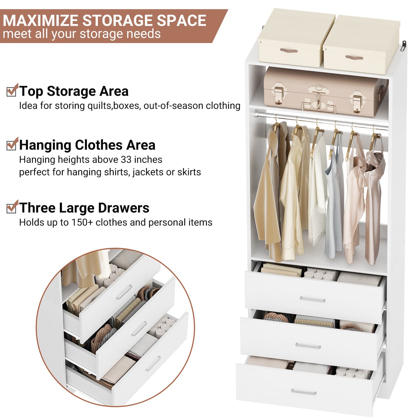 4FT (48 Inch) Closet Organizer System,Set of 2 - 6 Wood Drawers, 2 Hanging Rods & 2 Shelves