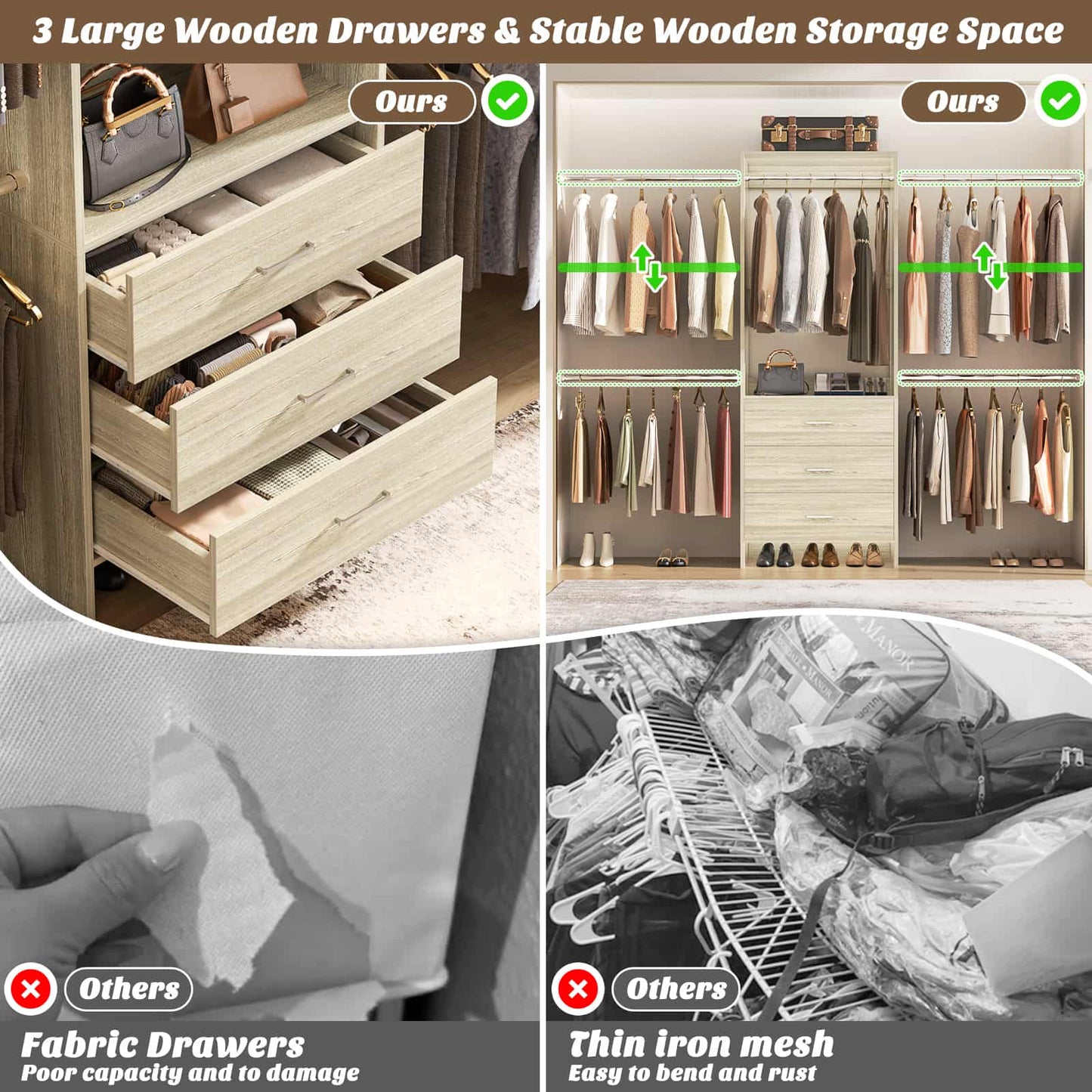 Closet System, Closet Organizer with 3 Wooden Drawers
