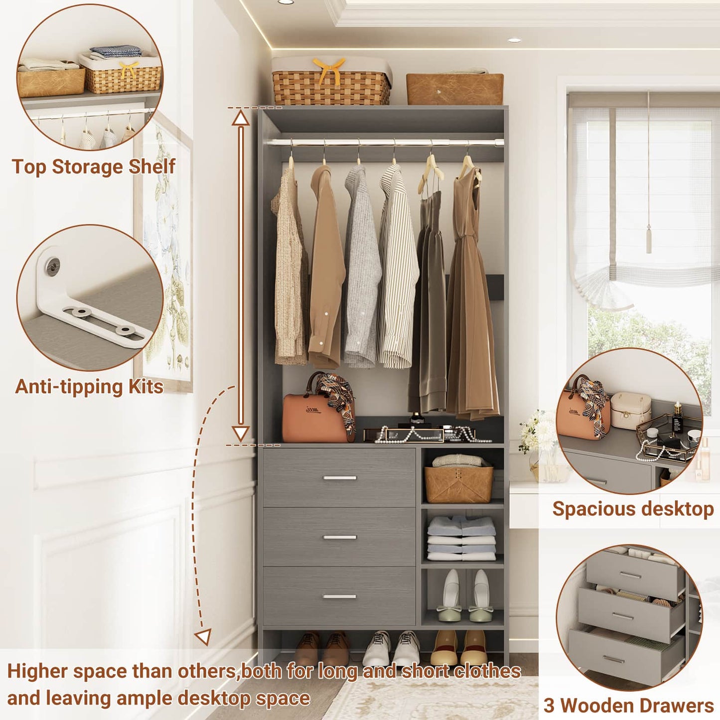 2.5FT Closet System with Wooden Drawers