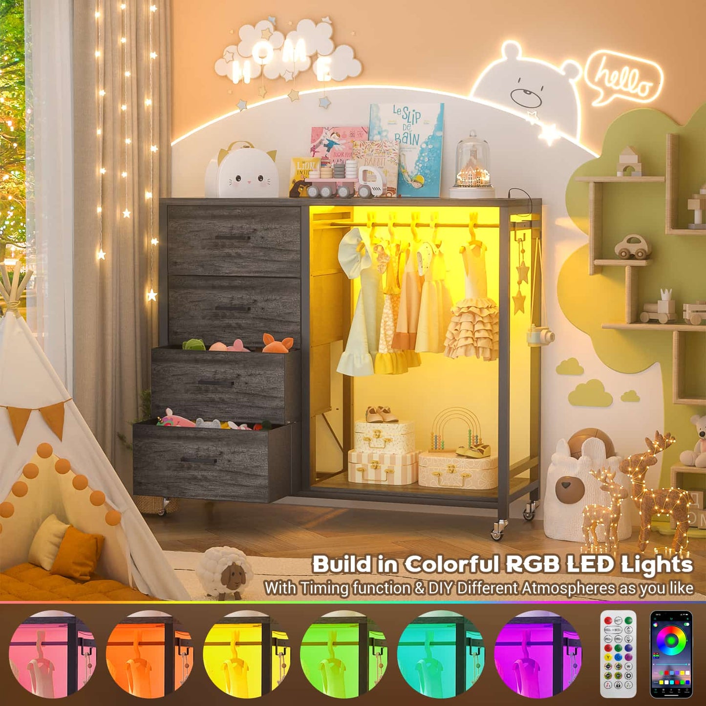 Dresser with Hanging Rack & 4 Drawers