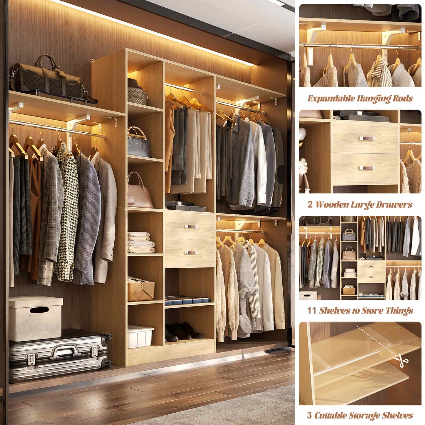8FT Closet Organizer System with Wood Drawers