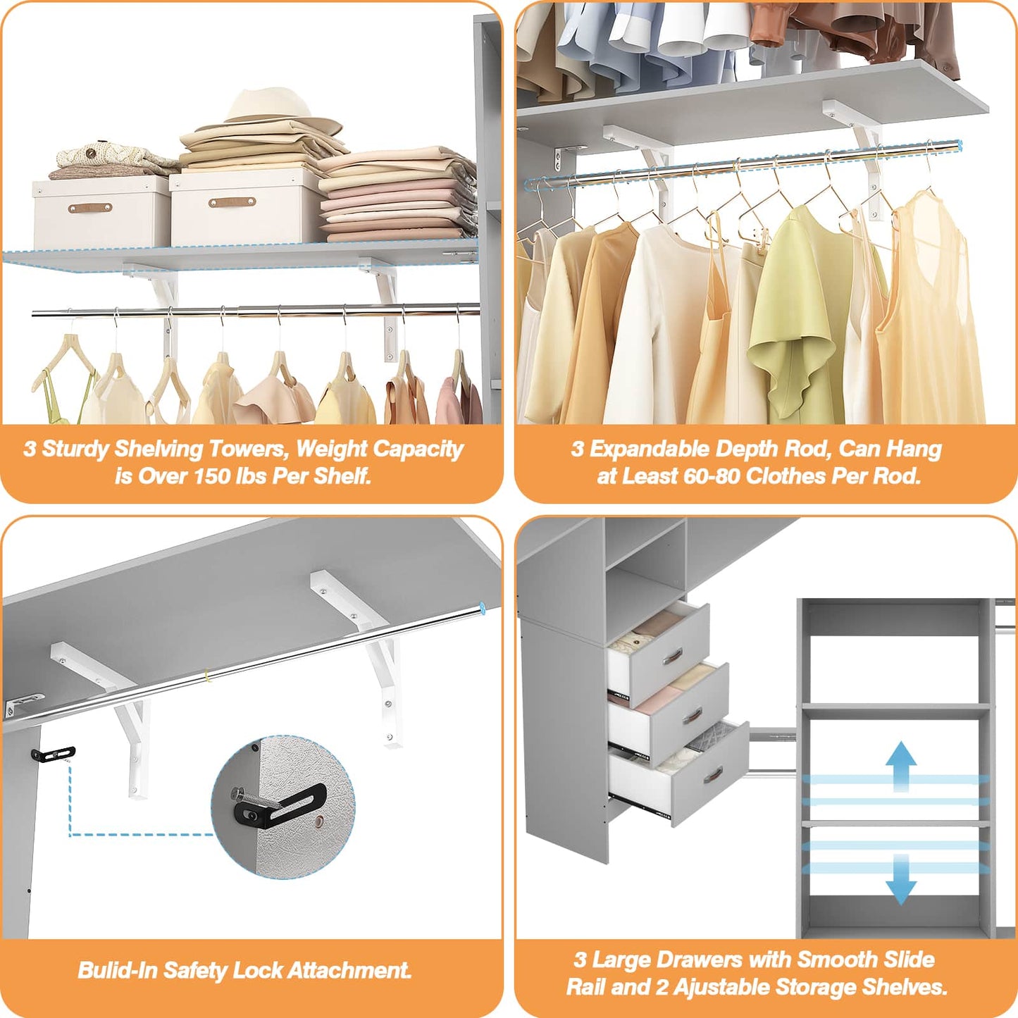 96‘’ W Closet System, Walk In Closet Organizer with 3 Shelving Towers