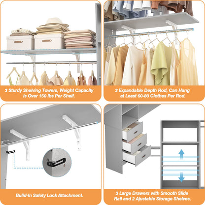 96‘’ W Closet System, Walk In Closet Organizer with 3 Shelving Towers