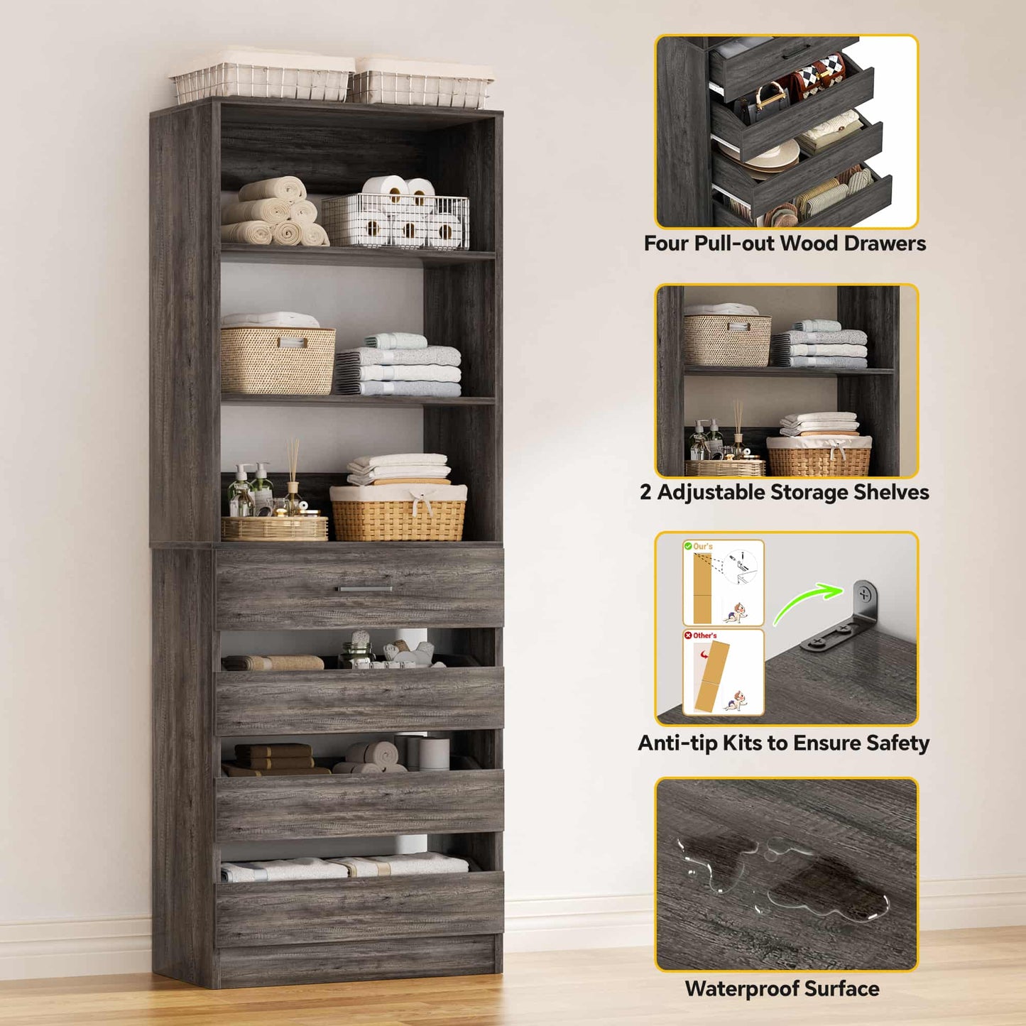 4-Pack Space-Saving Modular Closet Organizer with 16 Drawers & Adjustable Shelves