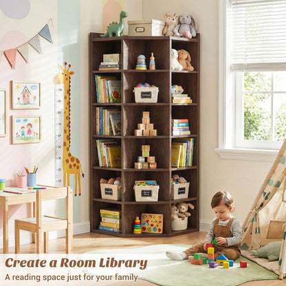 7-Tier Corner Cube Book Shelf - Wooden L-Shaped Storage Cabinet with Top Table for Small Spaces, Home Office, Bedroom, Living Room