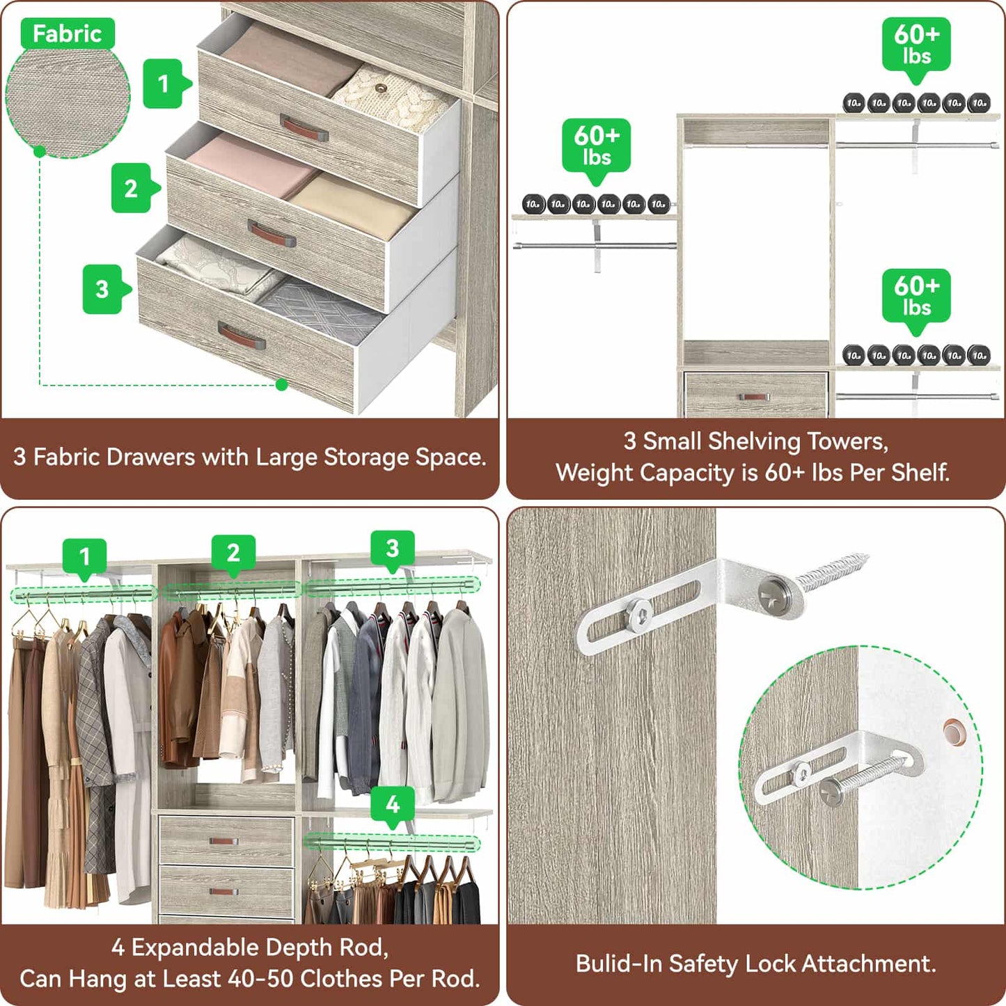 59'' W Small Closet System with 3 Fabric Drawers
