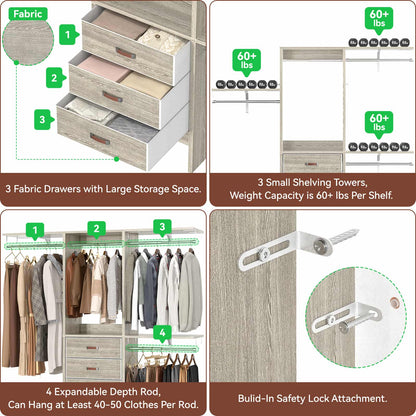 59'' W Small Closet System with 3 Fabric Drawers