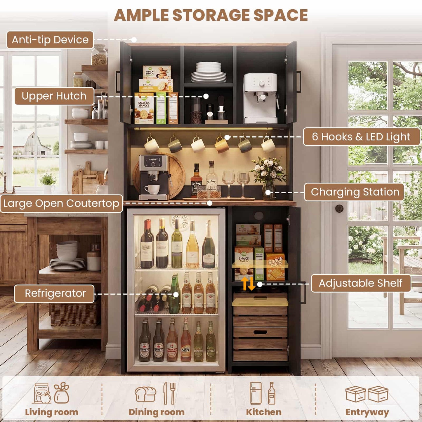 3-in-1 Mini Fridge Cabinet & Coffee Bar Station - with Power Outlet, LED Light, Microwave Shelf & Wine Storage