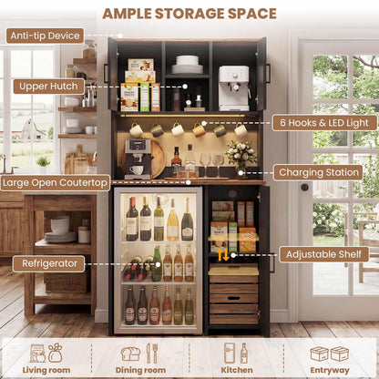 3-in-1 Mini Fridge Cabinet & Coffee Bar Station - with Power Outlet, LED Light, Microwave Shelf & Wine Storage