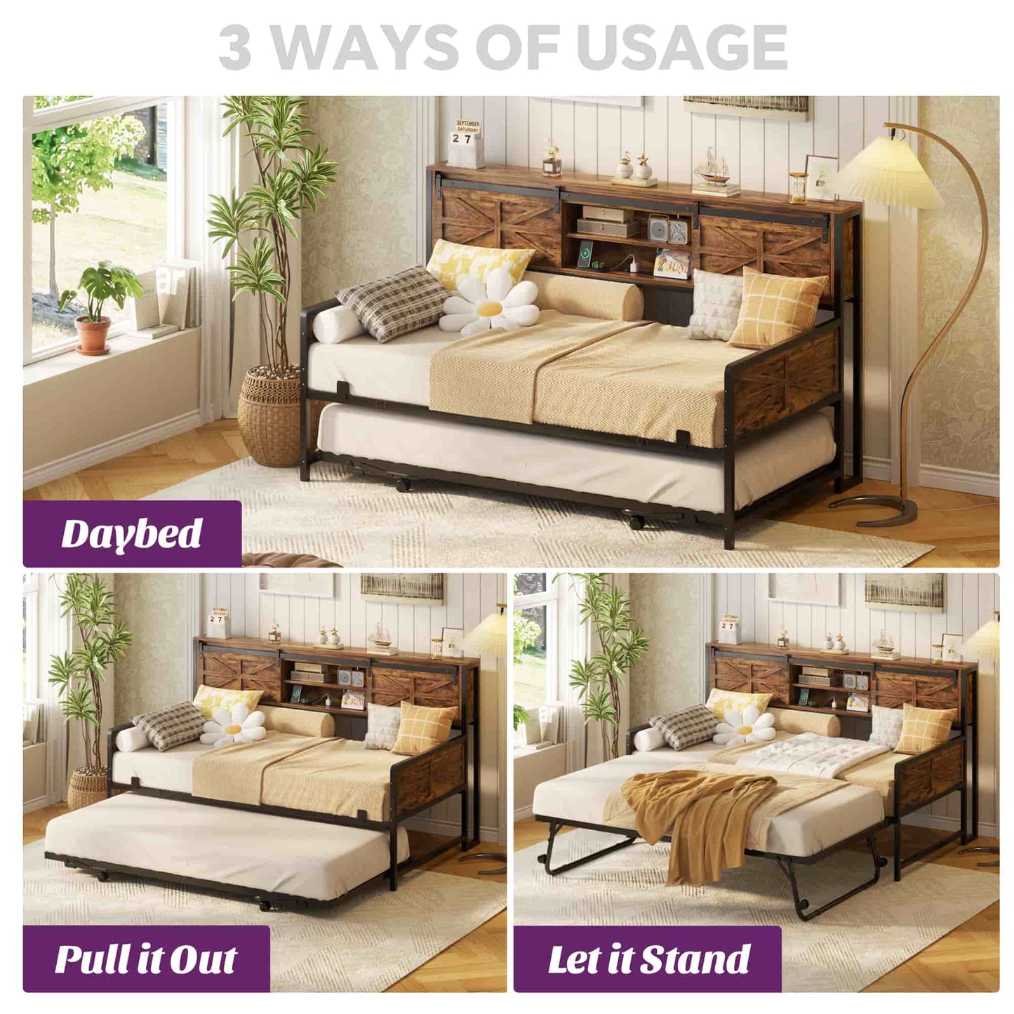 Twin Size Daybed with Trundle, Daybed with Charging Station & Storage Headboard, Heavy Duty Metal Sofa Bed Frame with Pop-up Trundle