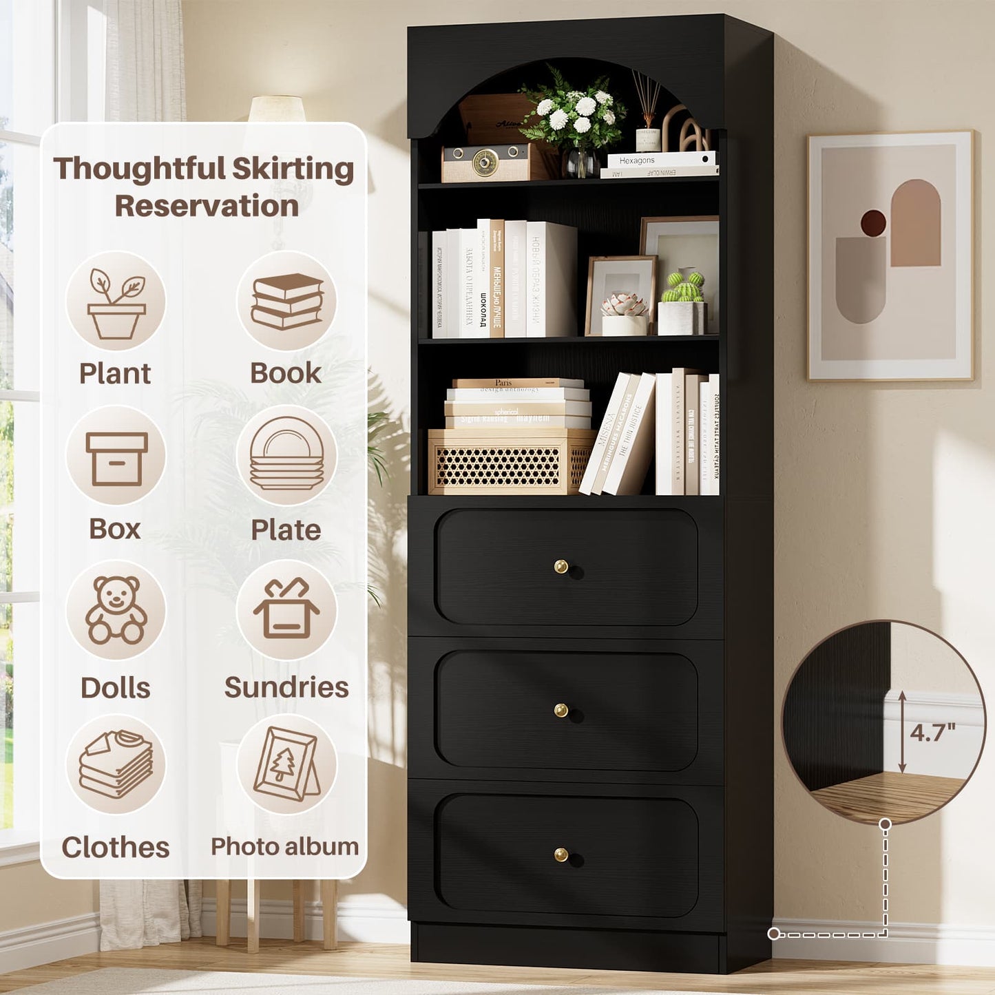 80" Tall Arched Bookcase with 3 Drawers & 3 Open Shelves - Wooden Storage Cabinet for Living Room, Kitchen
